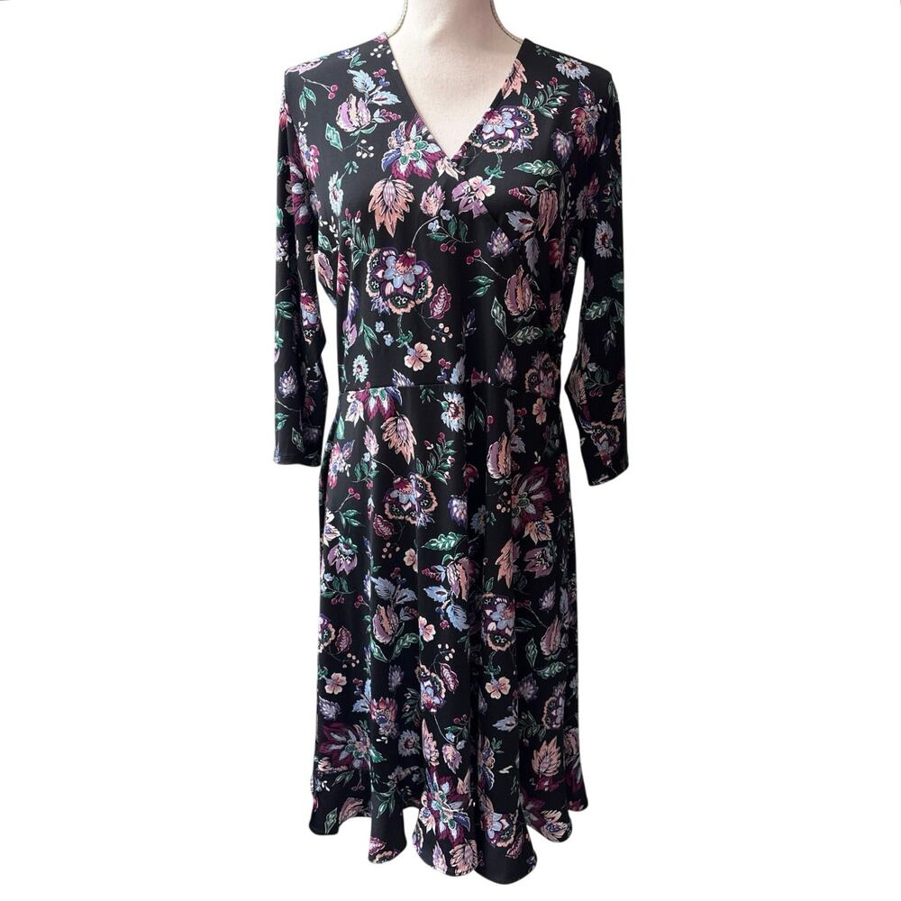 Leota Women's Size XL Black Floral 3/4 Sleeve V Neck Maxi Dress Cottagecore BOHO